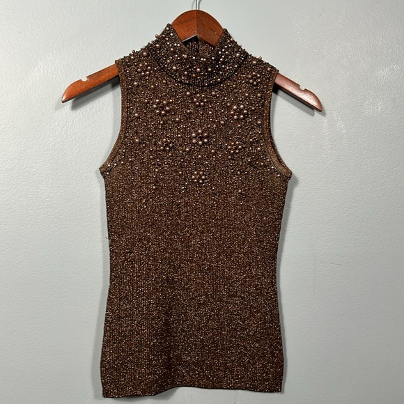 Vintage Brown Pearl beaded mock neck sleeveless top size Small - Picture 3 of 9